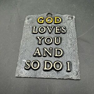 cast metal wall trivet, farmhouse, God loves you so do I, religious, Christian